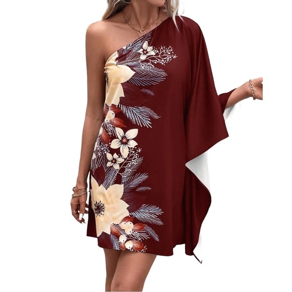 Burgundy Red Floral Flowers Print One Shoulder Batwing Sleeve Vacation Dress - Picture 5 of 7